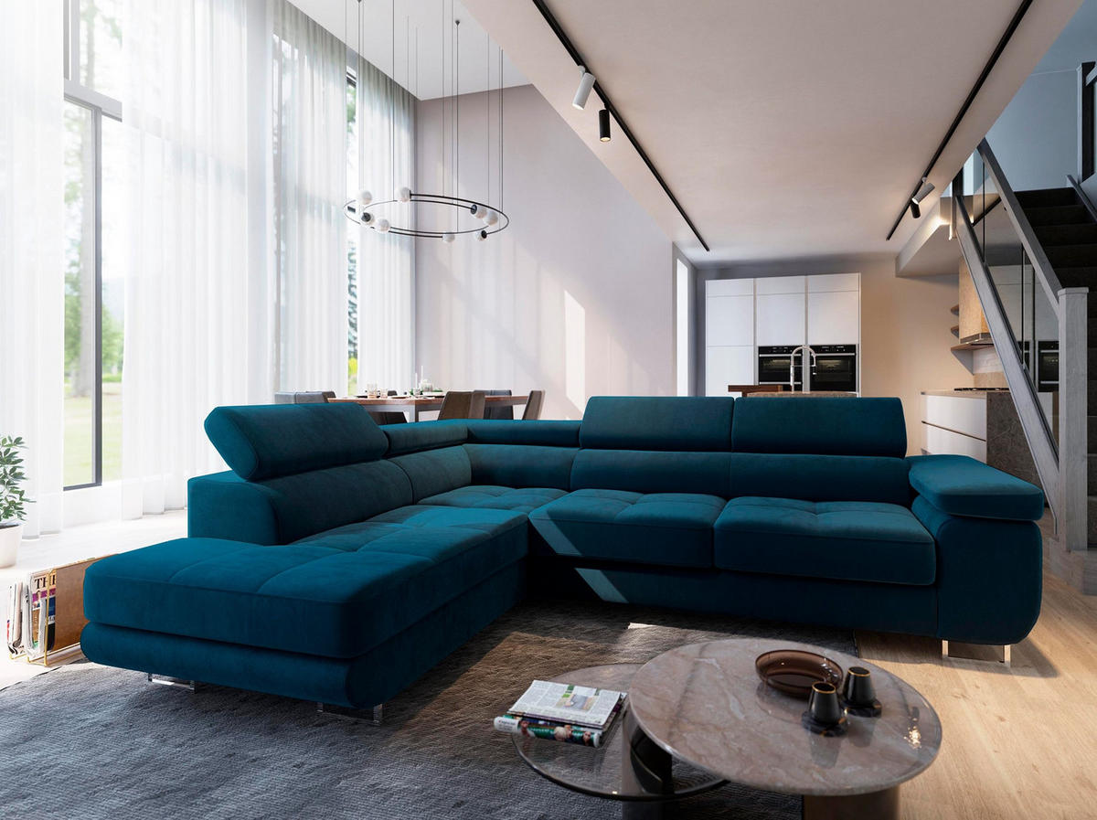 ECKSOFA SELVA L-S Blau Velours-Stoff mit Schlaffunktion - Blau, Holz (275/202cm) - MASSENO