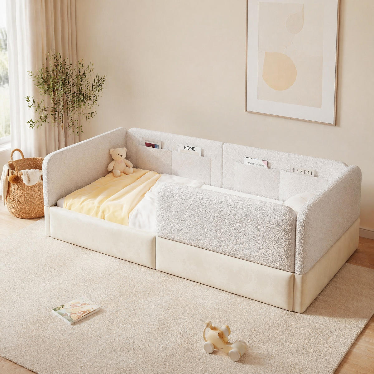 BOXBETT 90/200 mit Schutzgitter, 4 Aufbewahrungstaschen und gepolsterter Umrandung in Weiß - Weiß, Holzwerkstoff/Textil (90/200cm) - EVRYAE