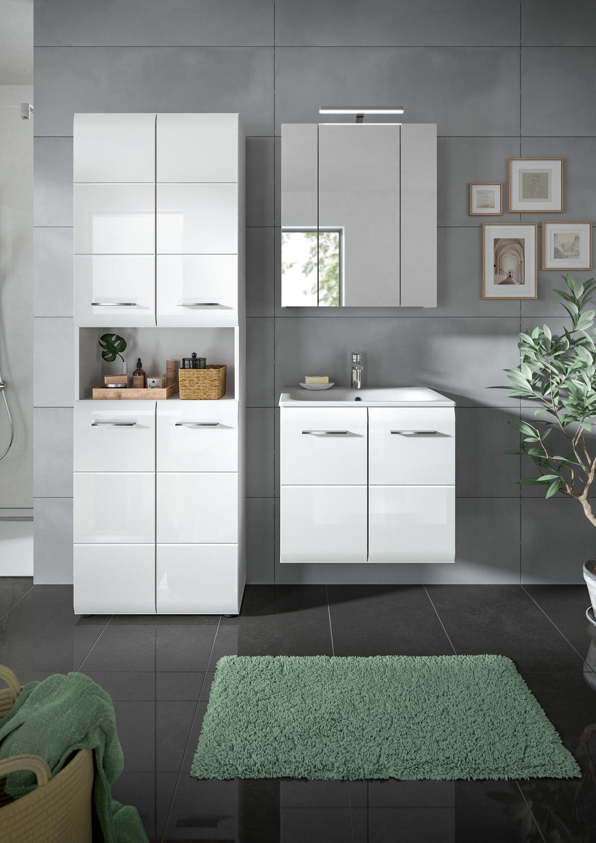 BADKOMBINATION Ice inkl. Beleuchtung 135x185x46 cm weiß Hochglanz MDF 3tlg. - Weiß, Holz (135/185/46cm)