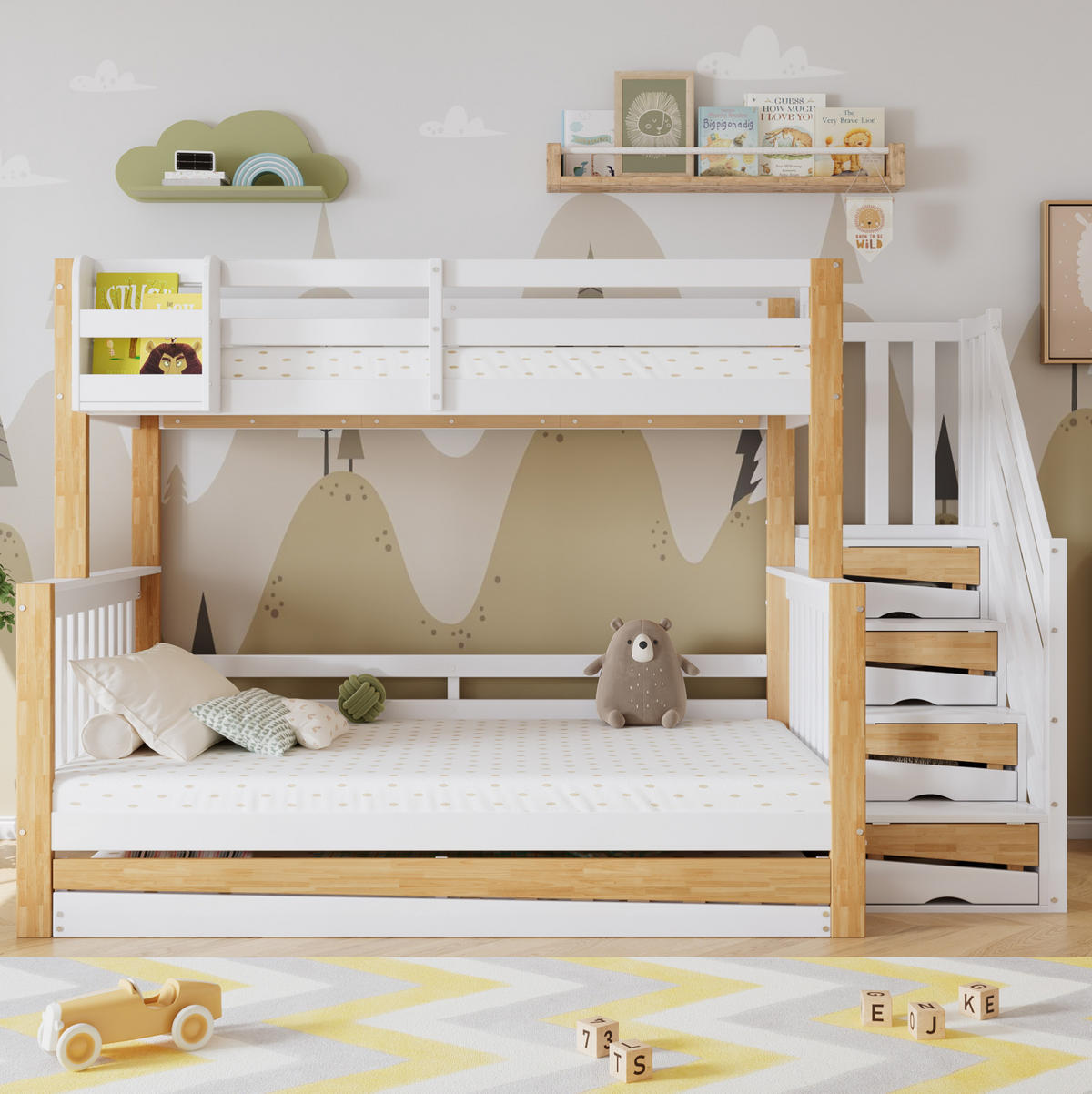 ETAGENBETT aus Kiefer und MDF 90x200/120x200 cm Weiß/Natur mit Rollbett, Stauraumtreppe und Fallschutz - Weiß, Holzwerkstoff (90/200cm) - Modfu