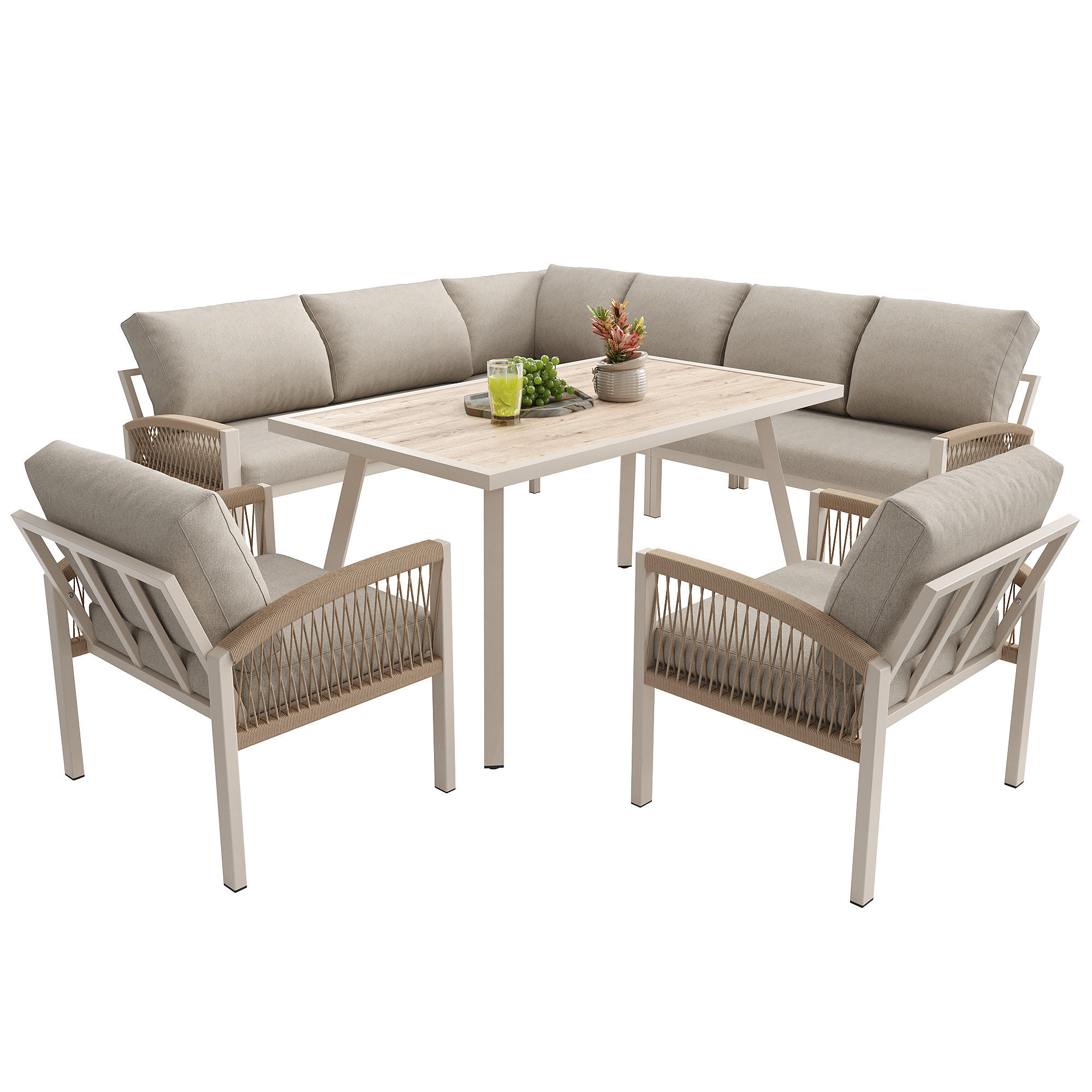 LOUNGEGARNITUR für 8 Personen mit Beigen Kissen,Wetterfest - Beige, Metall