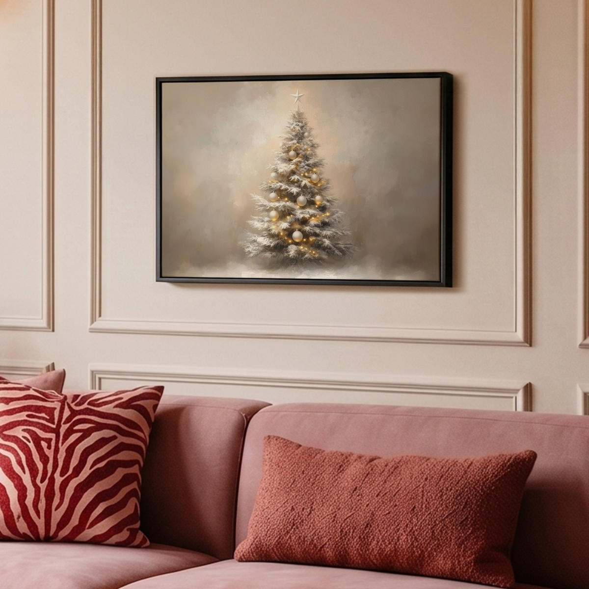 LEINWAND Bilder mit Rahmen - Weihnachten - Weihnachtsbaum - Schnee - Kunst - 60x40 - Champagner, Textil (60/40cm) - MuchoWow