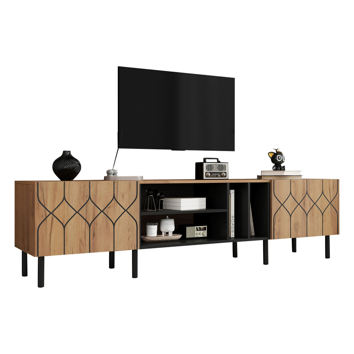 TV-RACK 180x40x50cm Lowboard für 70-Zoll Fernseher Naturfarbenholz-Schwarz - Schwarz, Holz (49/16/64.01cm) - Raelunyi