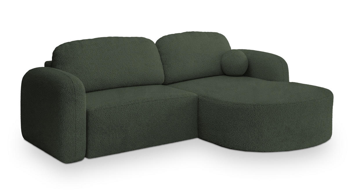 ECKSOFA AMILIA R-S Grün Boucle-Stoff mit Schlaffunktion - Grün, Holz (263/174cm) - MASSENO