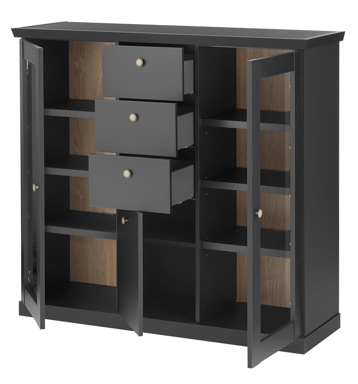 HIGHBOARD schwarz matt, Eiche 129 cm, Kommode Landhaus mit Soft-Close - Eichefarben/Messingfarben, Glas/Holzwerkstoff (129/117/42cm) - Furn.Design