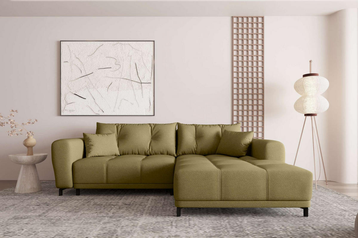 ECKSOFA Massimo Strukturstoff Olivgrün inkl. Schlaffunktion Rechts - Schwarz/Olivgrün, Textil/Metall (246/177cm) - 99rooms