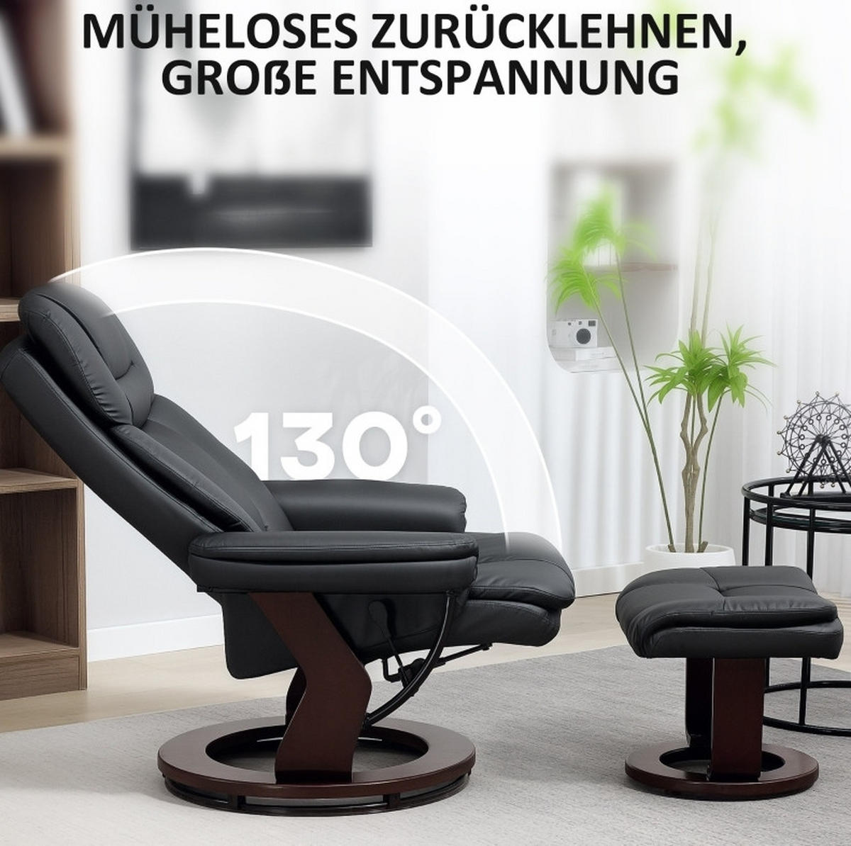 RELAXSESSEL 86/107/83 cm Schwarz aus Kunstleder mit Hocker - Schwarz, Kunststoff (83/107/86cm) - OKMYHOME