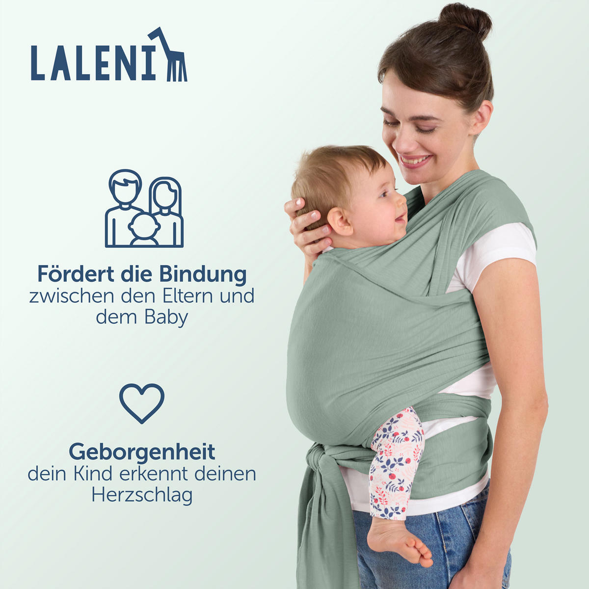 BABYTRAGEN für Neugeborene bis 15 kg - 100% Baumwolle (Ohne Elasthan) - Grün - Grün, Textil (60/5.1cm) - Laleni