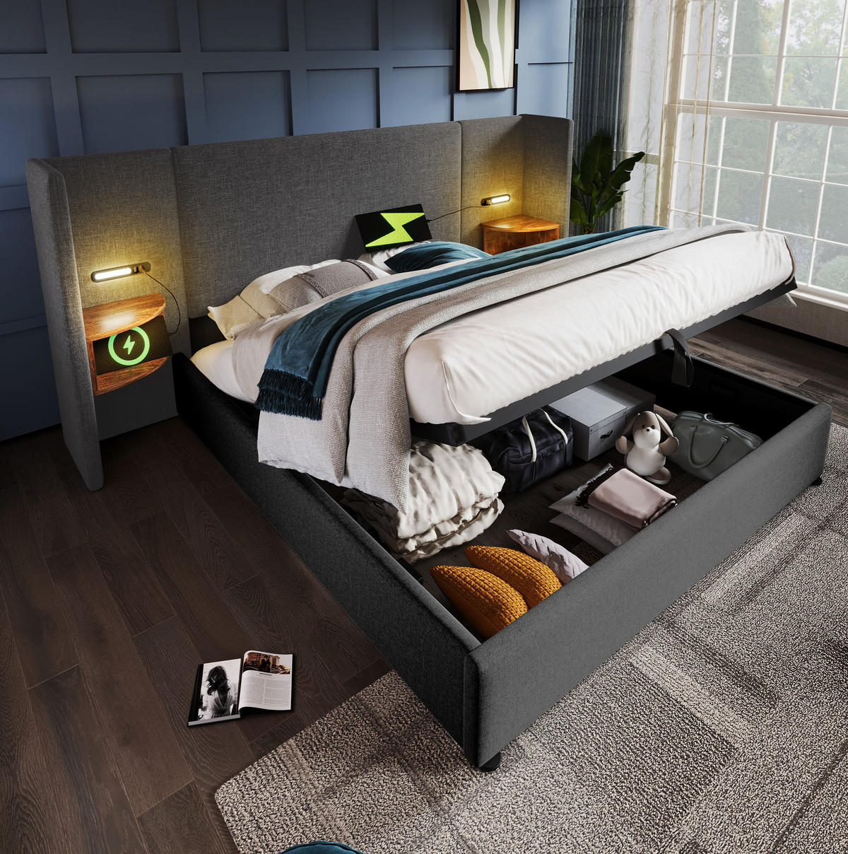 POLSTERBETT 180/200 cm mit Bettkasten, Leselampe und USB/Type-C in Grau - Grau, Textil (180/200cm) - BEAOK