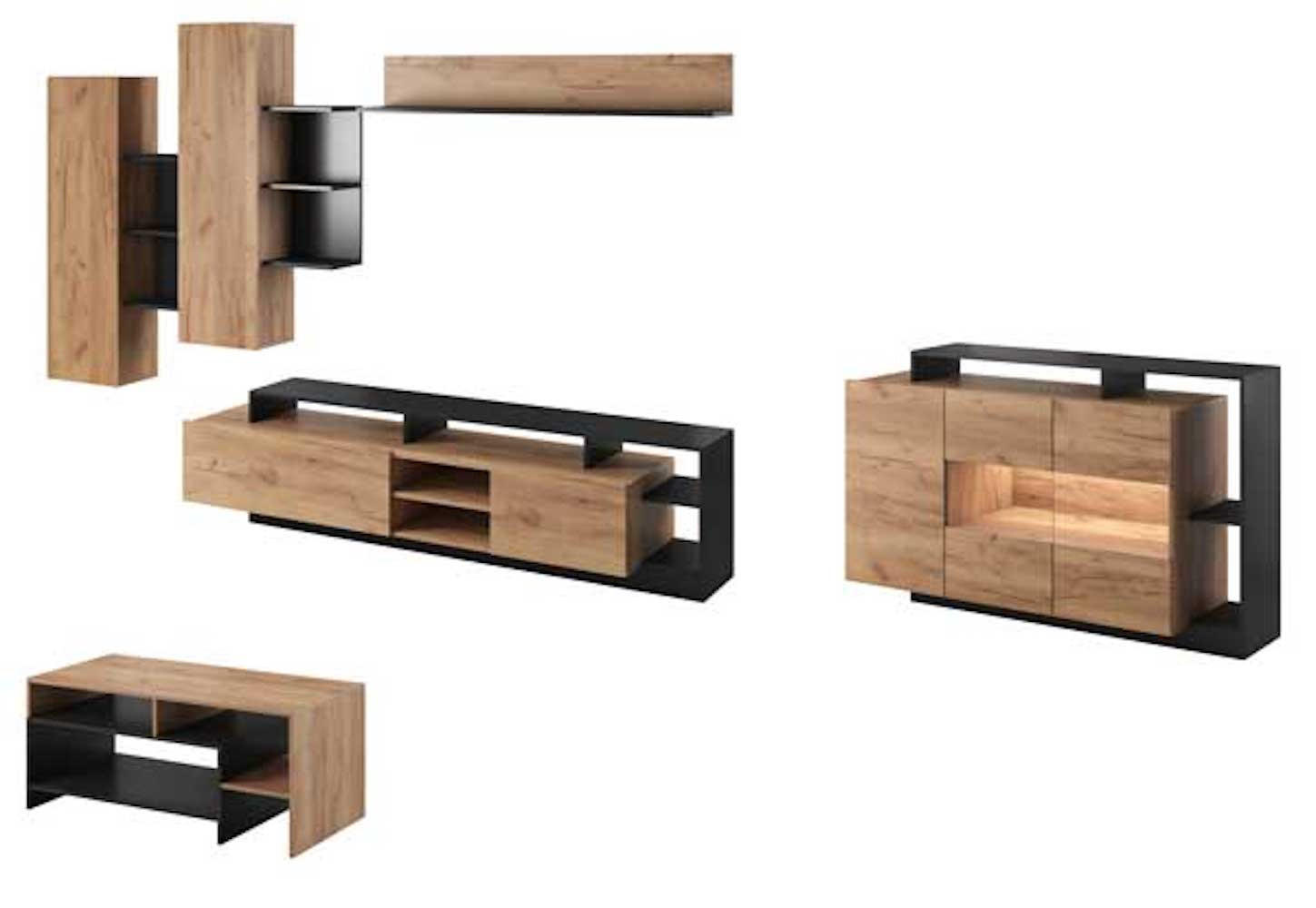 WOHNZIMMER-SET Alva Craft Gold Oak anthrazit 6-teilig - Eichefarben/Braun, Holz/Holzwerkstoff (530/120/60cm) - Feldmann-Wohnen