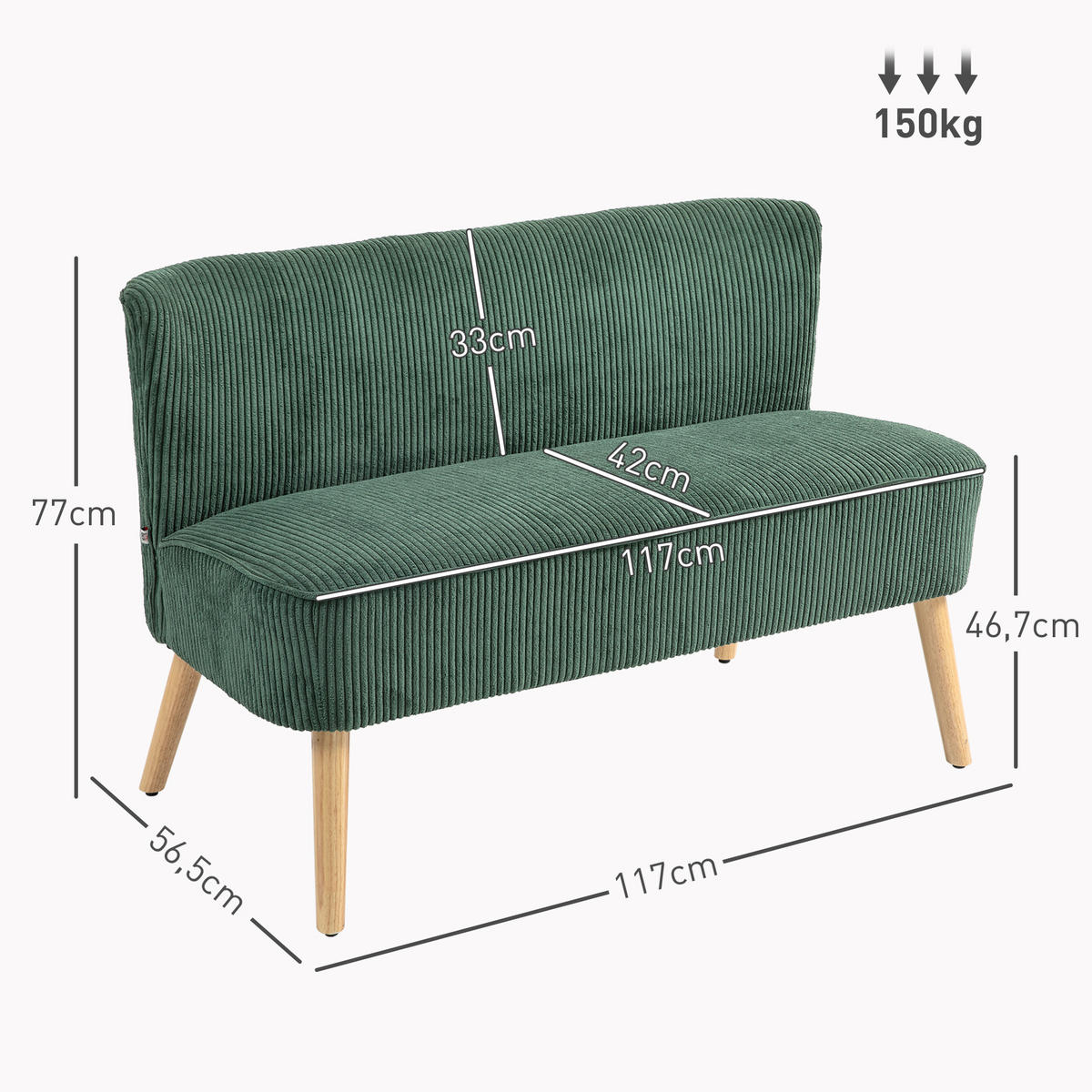 2 Sitzer Sofa, Gepolsterte Couch mit Kordoptik, Holzbeine für Wohnzimmer, Grün - Naturfarben/Grün, Holz/Textil (56.5/77/117cm) - HOMCOM