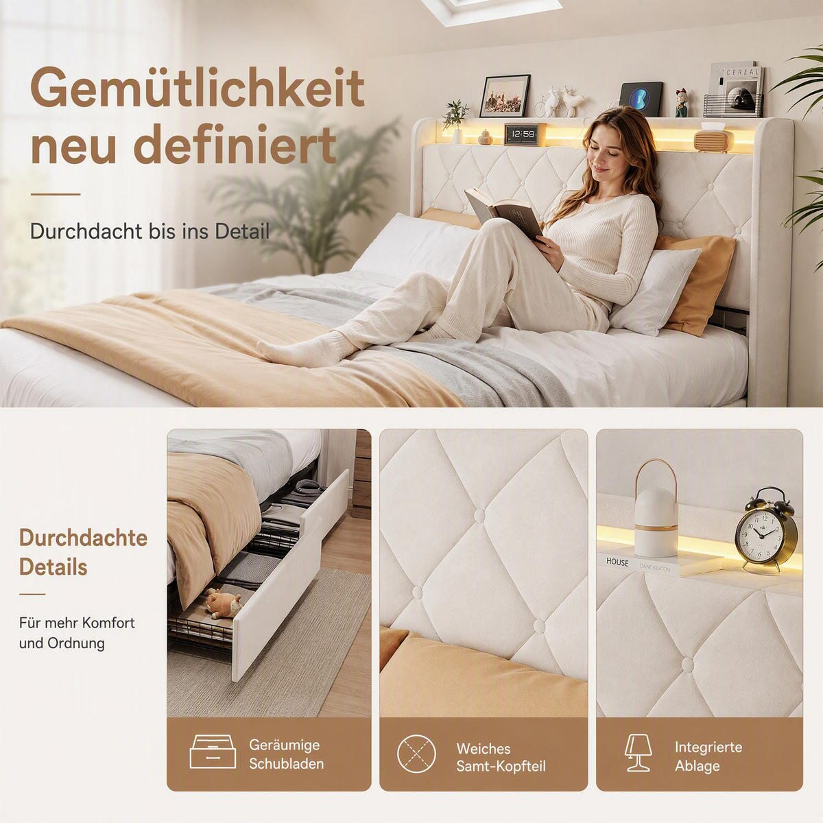 POLSTERBETT, LED-Beleuchtung Doppelbett 140x200cm mit Ladefunktion und 4 Schubladen, Samt, beige - Beige, Holz/Holzwerkstoff (140/200cm) - GENKI LIVING