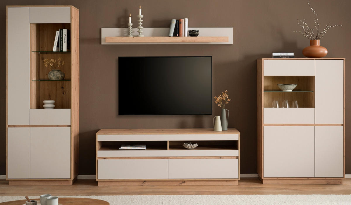 WOHNWAND Kaschmir, Artisan Eiche 4-teilig 342 cm, Schrankwand mit Soft-Close - Kaschmir/Eiche Artisan, Glas/Holzwerkstoff (342/205/45cm) - Furn.Design