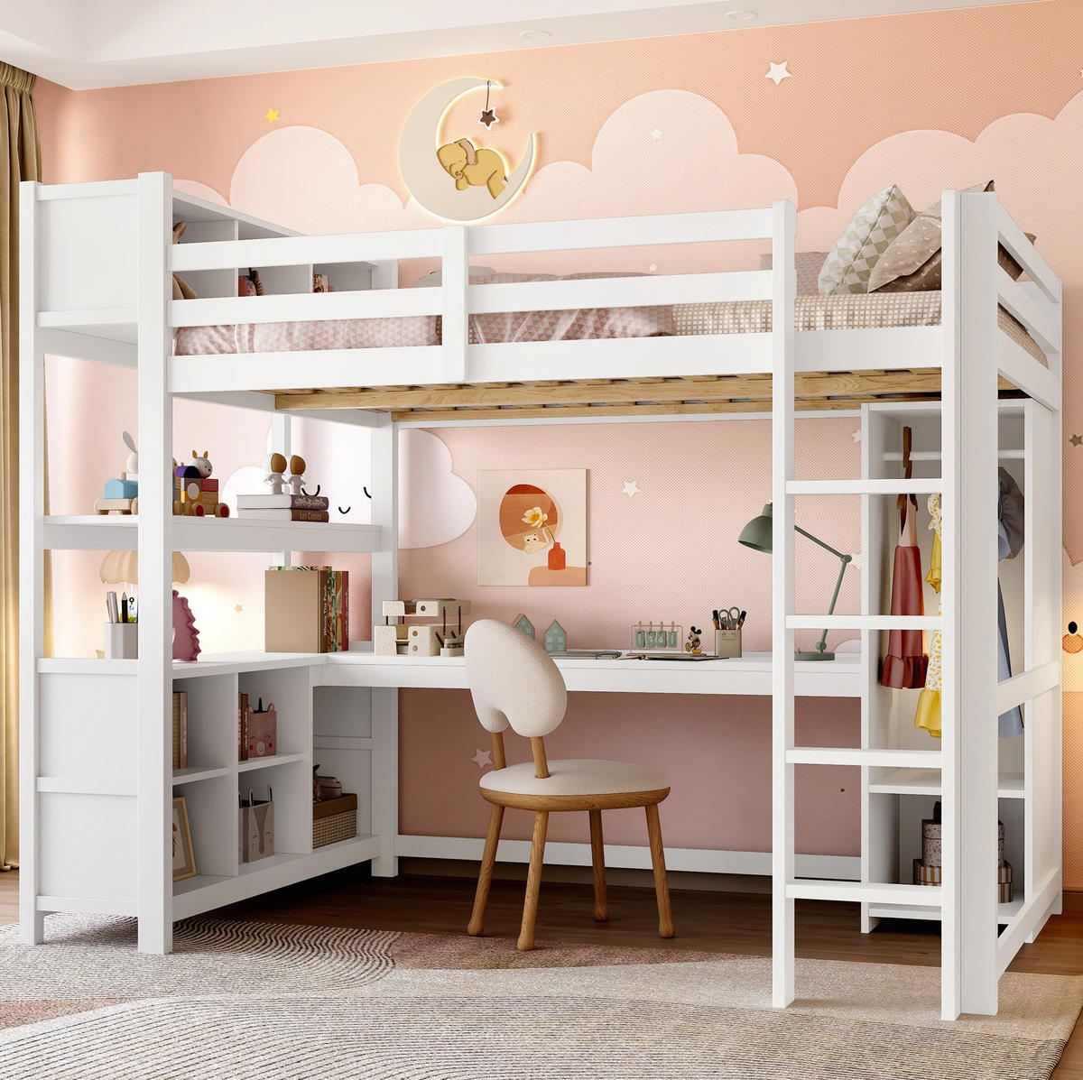 HOCHBETT 140/200 cm Weiß aus Kiefernholz und MDF mit Schreibtisch und Kleiderschrank - Weiß, Holz (140/200cm) - OKMYHOME