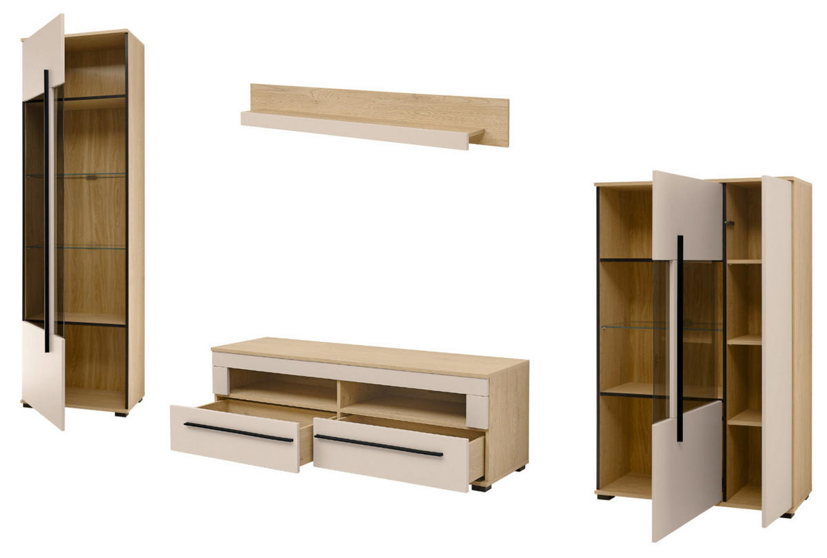 WOHNWAND Kaschmir, Eiche 4-teilig 310 cm, Wohnzimmerschränke mit Soft-Close - Kaschmir/Eichefarben, Glas/Holzwerkstoff (310/200/42cm) - Furn.Design