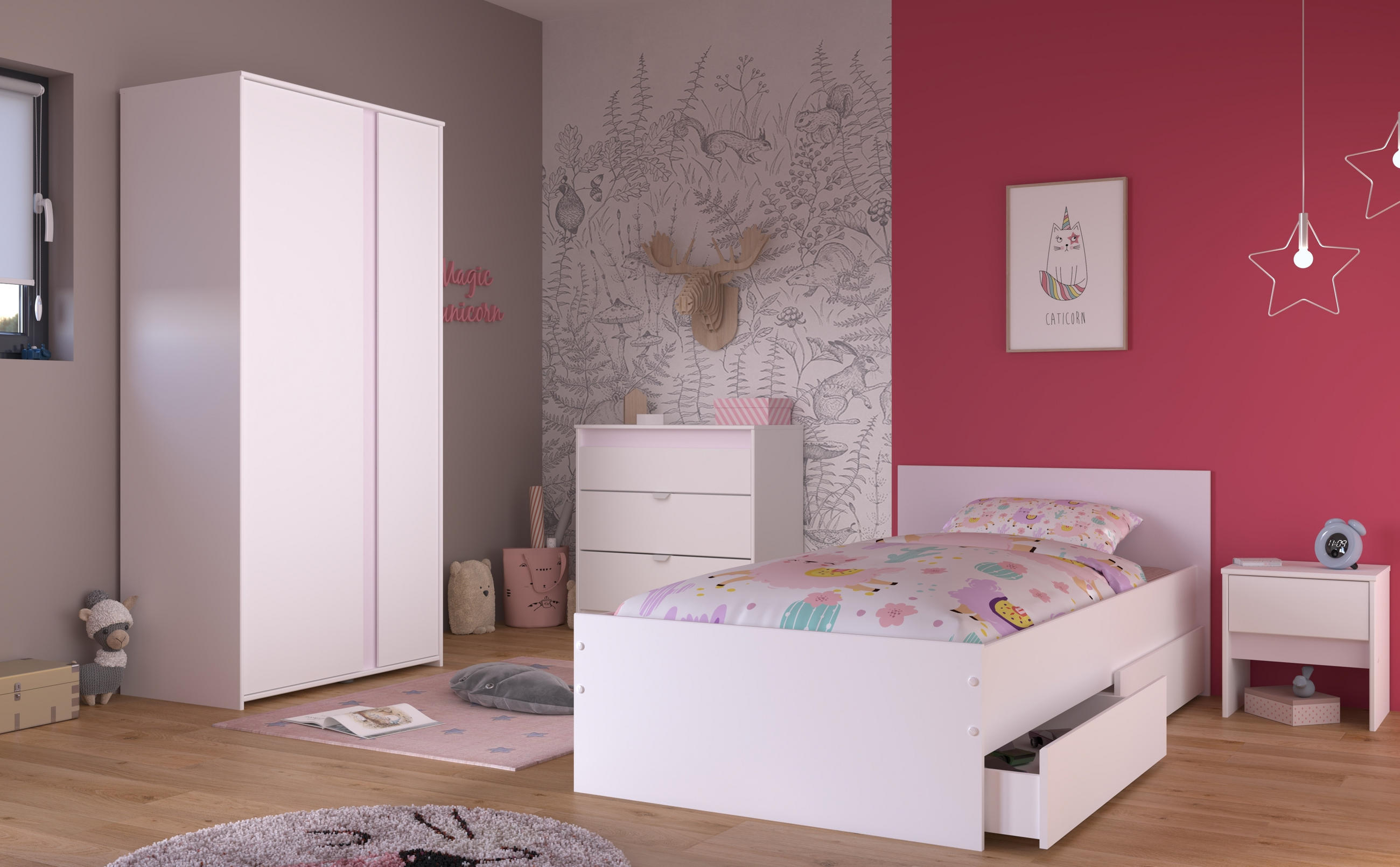 JUGENDZIMMER Pirouette 22 in Weiß mit Rosa oder Kieselgrau 5 teilig - Weiß, Holzwerkstoff (120/200/80cm)