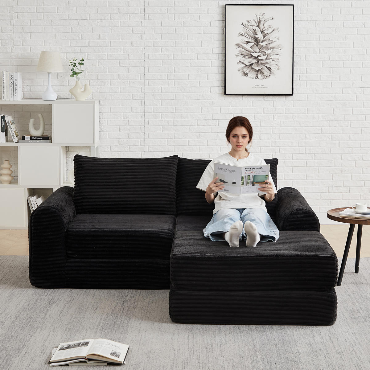 SCHLAFSOFA Cord Schwarz mit Ottomane - Schwarz, Textil (194/243cm) - WISHDOR