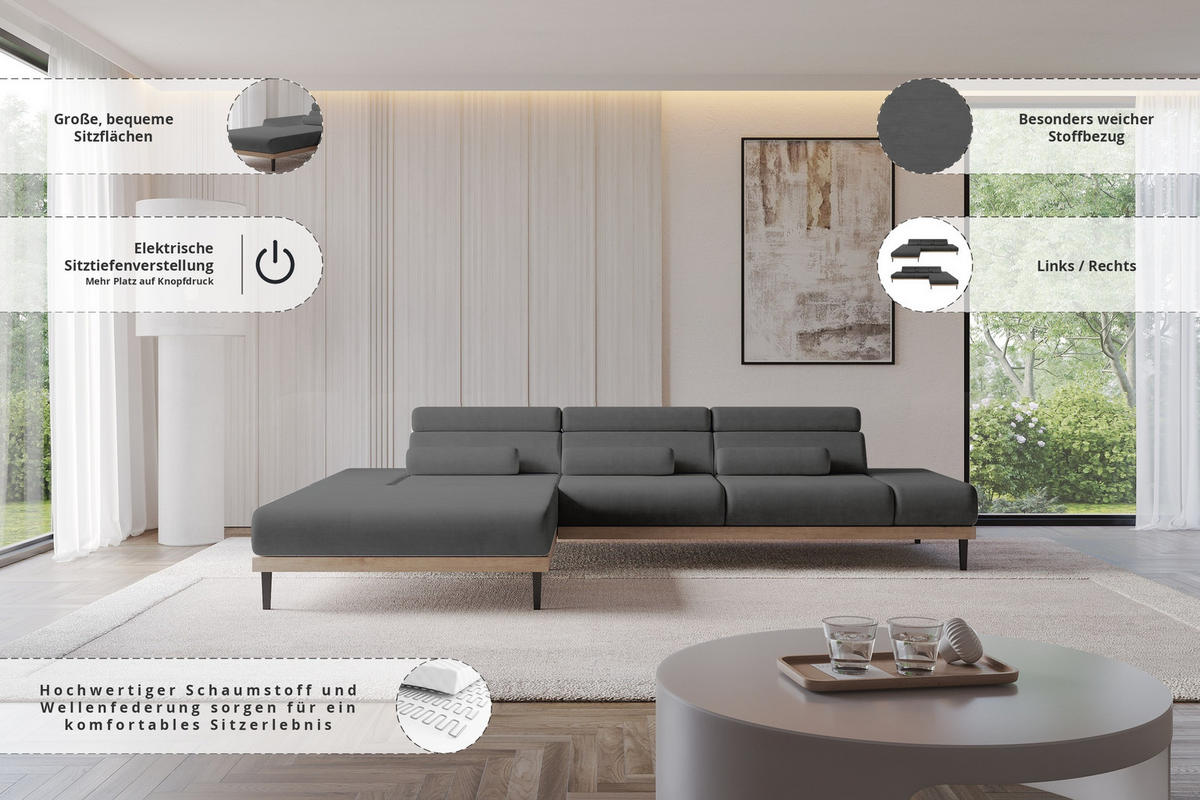 ELEKTRISCHES ECKSOFA Links MONA 316x205x85 Dunkelgrau Velours - Anthrazit, Holzwerkstoff/Textil (316/205cm) - ALTDECOR