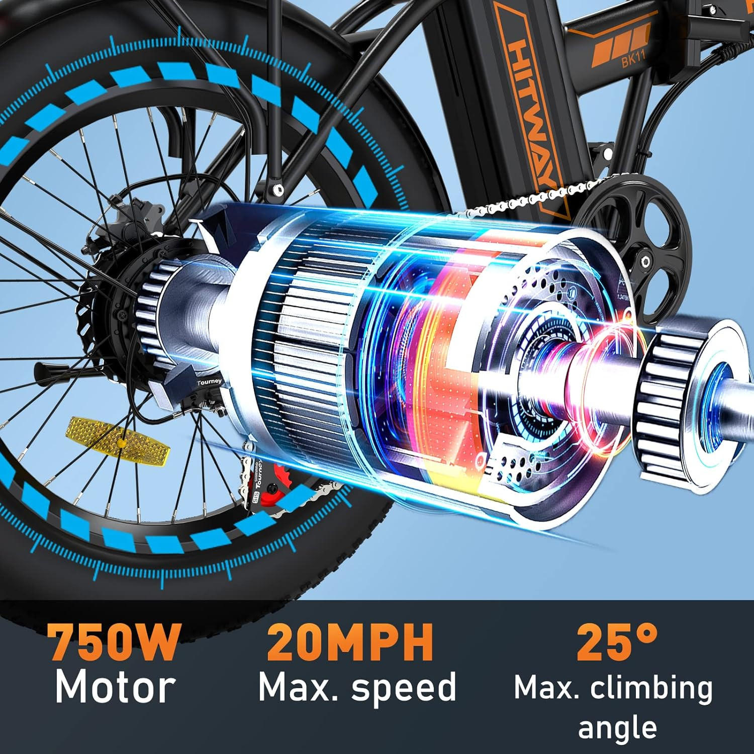 E-BIKE BK11M Klapprad 20 × 4,0 Zoll mit 48V15Ah Akku Max 45-100km - Orange, Metall (30cm) - HITWAY
