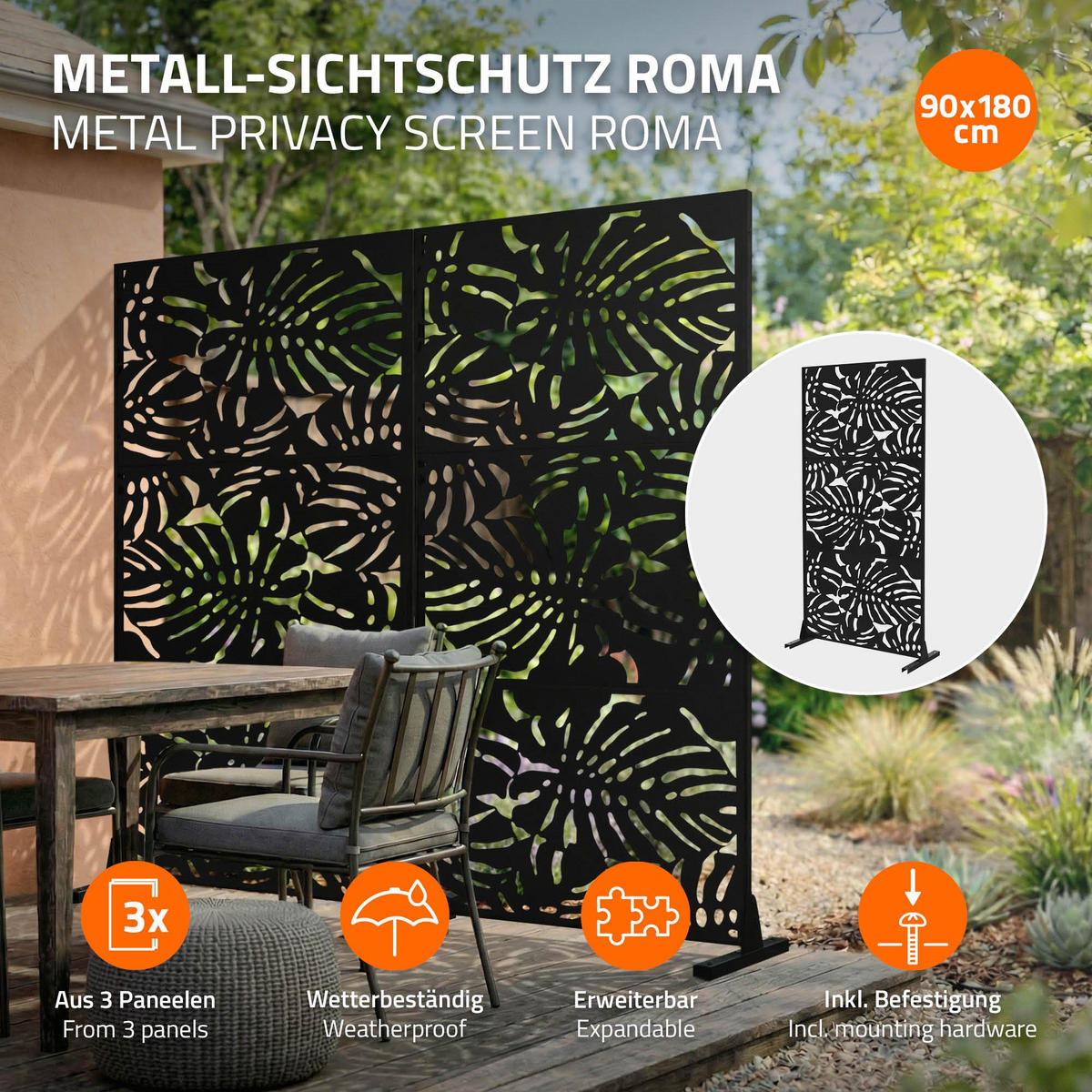 METALL-SICHTSCHUTZ Roma 90x180 cm Schwarz aus Stahl - Schwarz, Metall (90/183cm) - ML-DESIGN