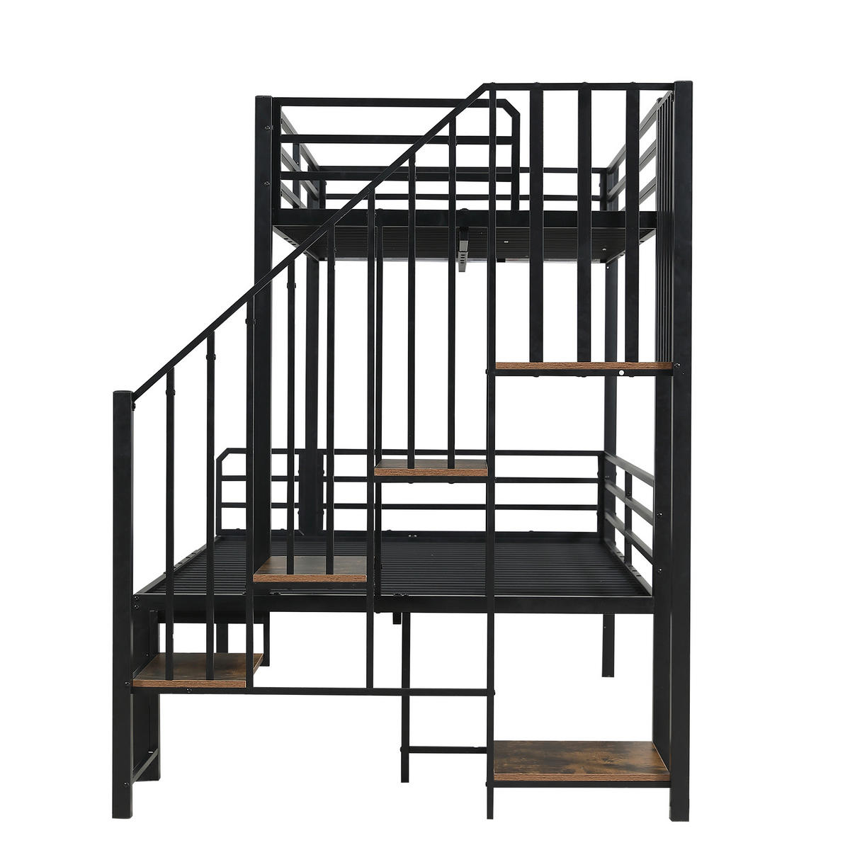 ETAGENBETT 90+120 cm Hochbett aus Metall mit Treppe und Sicherheitsgitter, ungleich großes Etagenbett für Geschwister, schwarz - Schwarz, Holzwerkstoff
