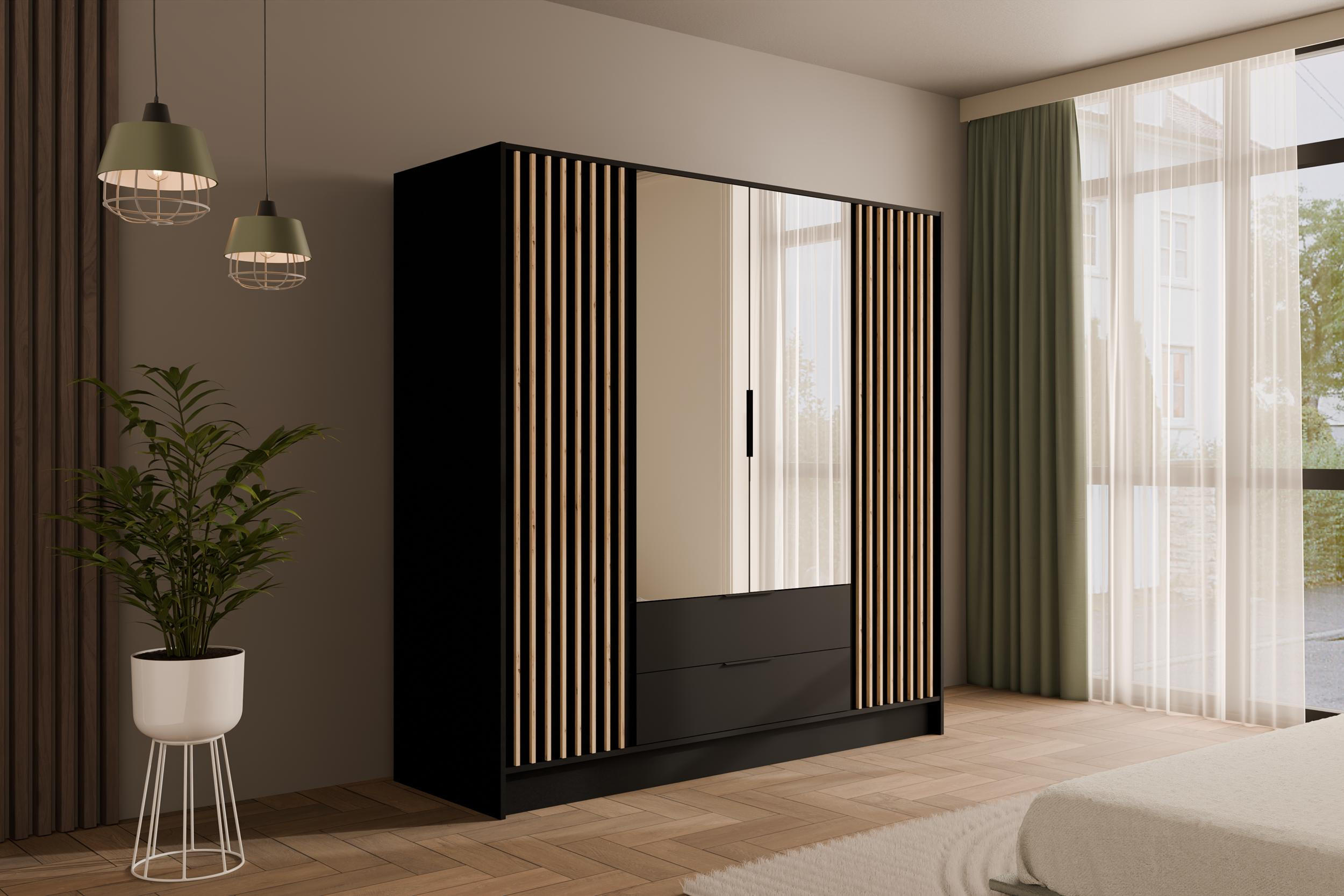 KLEIDERSCHRANK NELIA - 200 cm - Schwarz/Eiche Artisan, Holzwerkstoff (200/200/51cm) - ALTDECOR
