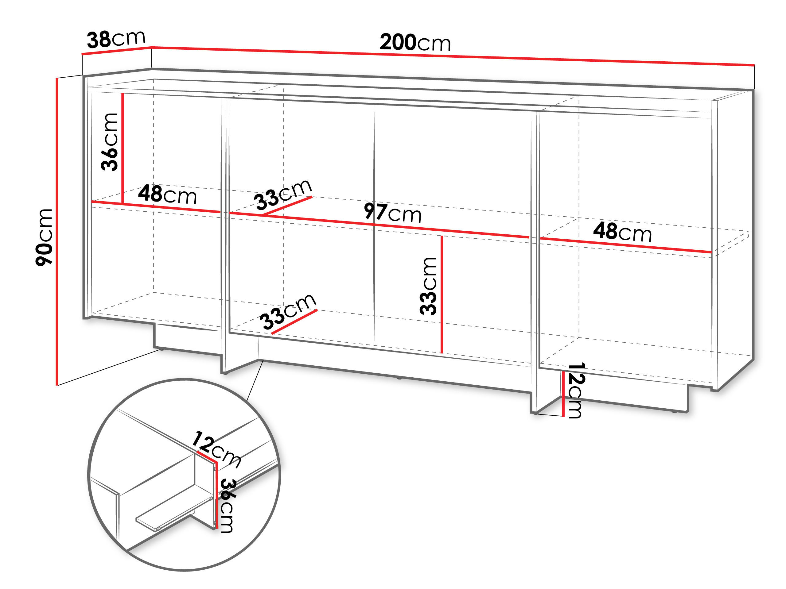 Thumbnail - Mirjan24 Kommode, Eiche, Holzwerkstoff, 3 Fächer, Rechteckig,Rechteckig, 200x90x38 cm, Wohnzimmer, Kommoden & Sideboards...
