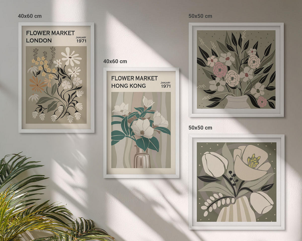 WANDBILDER 4er-Set - 50x50 cm & 40x60 cm Weißer Rahmen - Blumenillustrationen London Hongkong - Weiß, Kunststoff (50/50cm) - ArtPrintCave