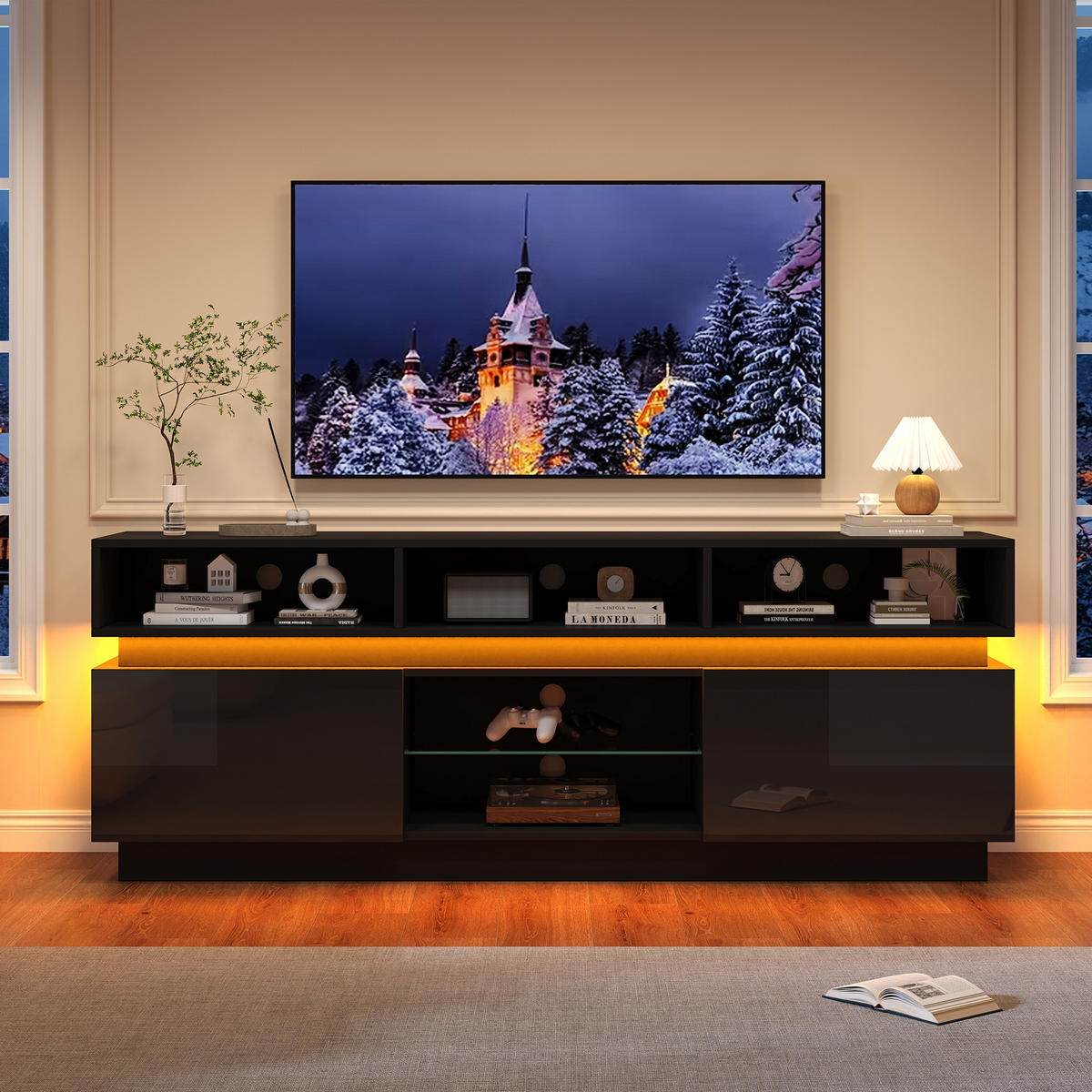 TV-ELEMENT 160/35/60 cm Schwarz mit LED-Licht - Schwarz, Holz (160/60/35cm) - Oxeza