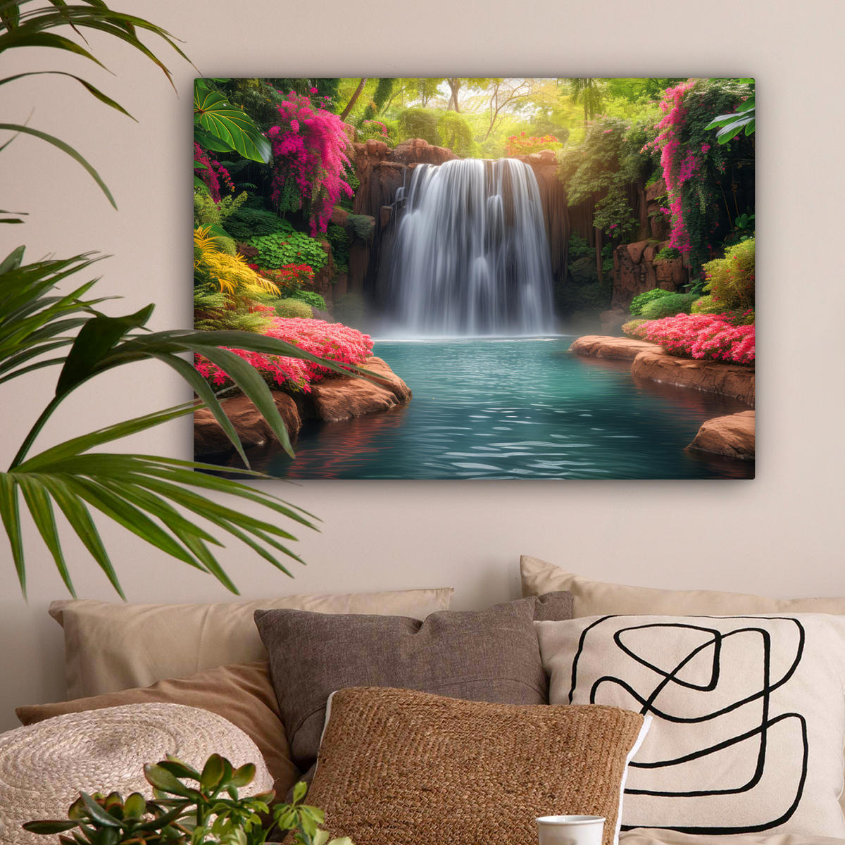 LEINWANDBILD Wasserfall - Natur - Pflanzen - Dschungel - Wasser Wandbilder 80x60 cm - Grün, Textil (80/60cm) - MuchoWow