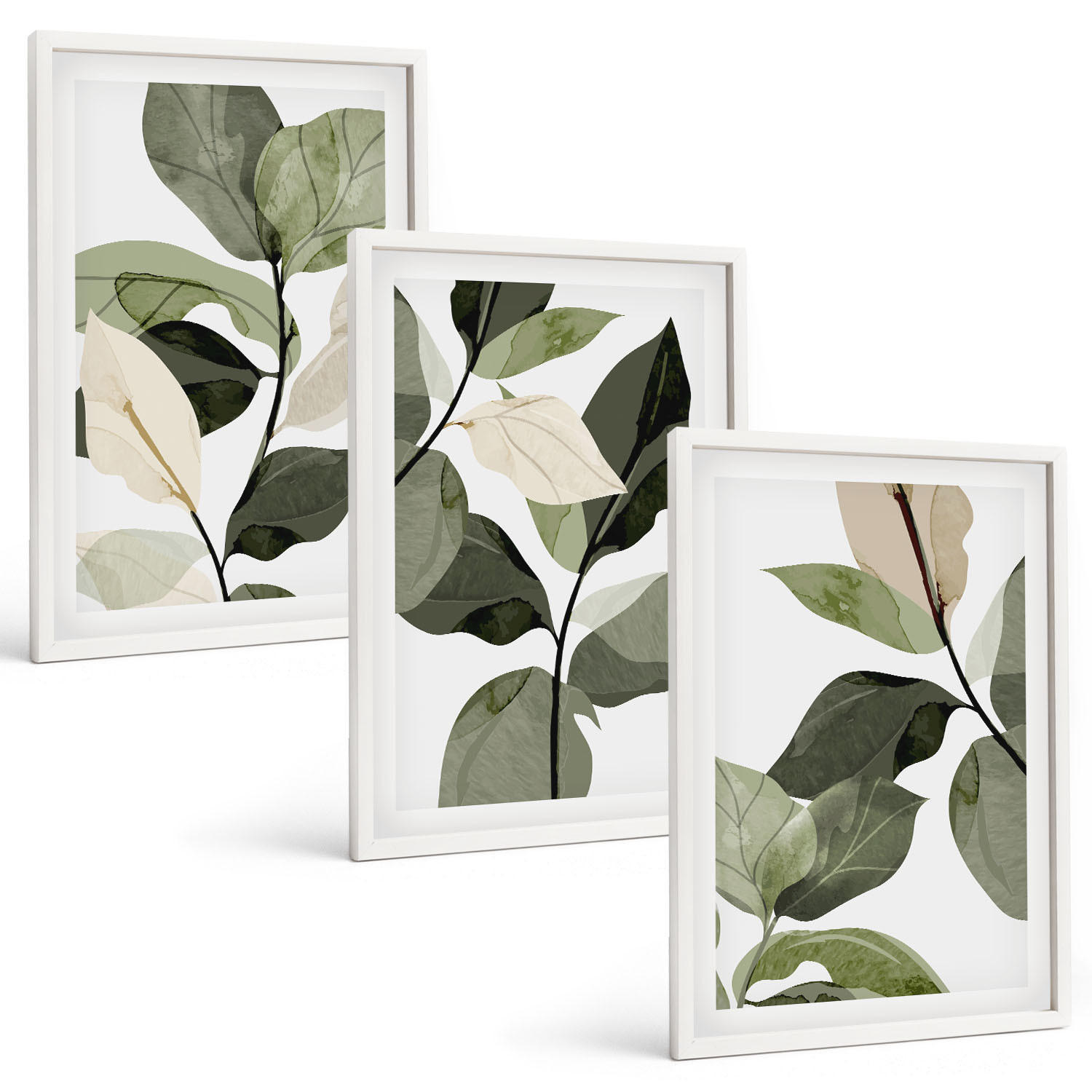 BILDER SET 3er Set - 40x60 cm Weißer Rahmen - Bemalte Boho-Pflanzenblätter - Weiß, Kunststoff (40/60cm) - TULUP