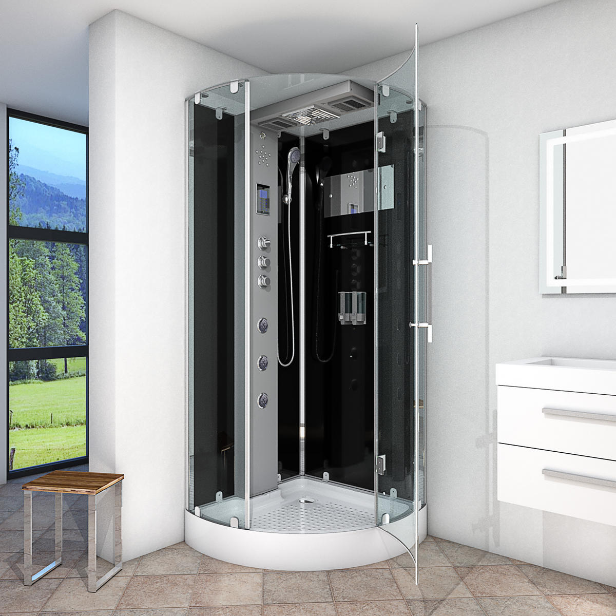 DUSCHKABINE Dusche D37-23R1 Weiß 100x100 - Schwarz, Glas/Kunststoff (100/100/218cm) - AcquaVapore by Sandra Jentho