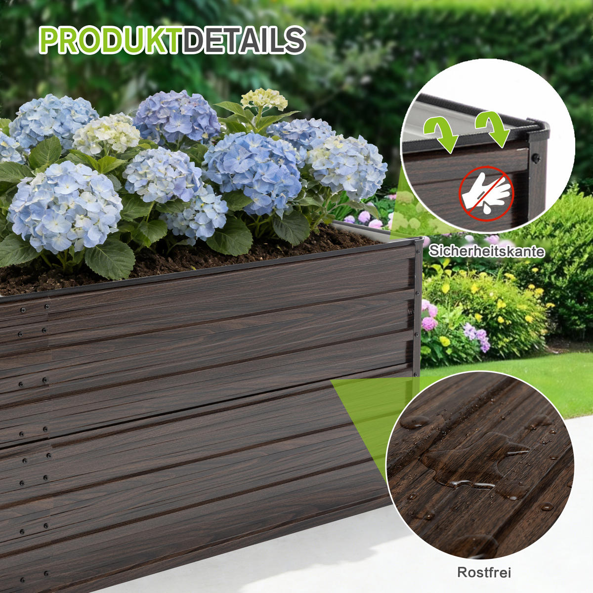 HOCHBEET 219/112/64 cm Holzmaserung mit Offene Basis - Naturfarben, Metall (112/64/219cm) - Oxeza