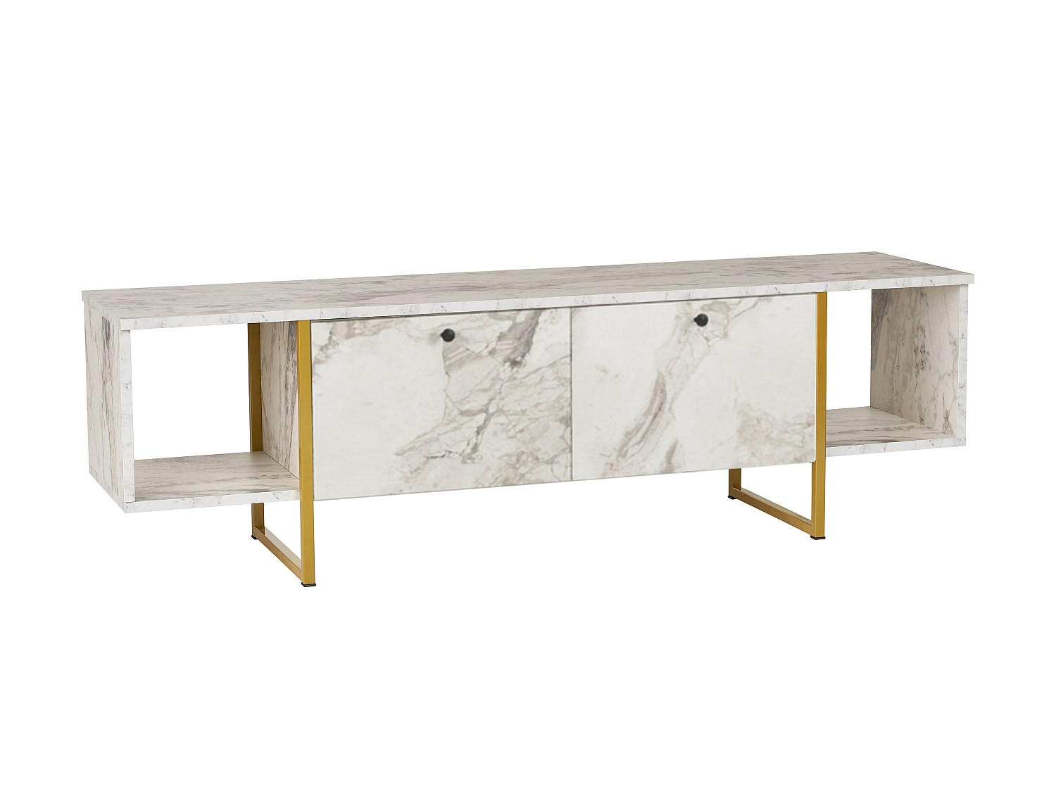 TV-MÖBEL mit 2 Türen & 2 Regalen - Marmor-Optik Weiß & Goldfarben - DERANA - Weiß, Holz (160/47.6/40cm) - Vente-Unique
