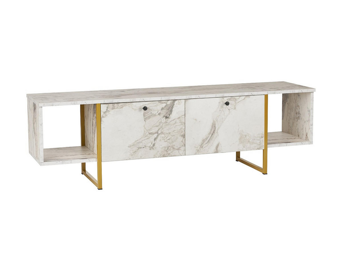 TV-MÖBEL mit 2 Türen & 2 Regalen - Marmor-Optik Weiß & Goldfarben - DERANA - Weiß, Holz (160/47.6/40cm) - Vente-Unique