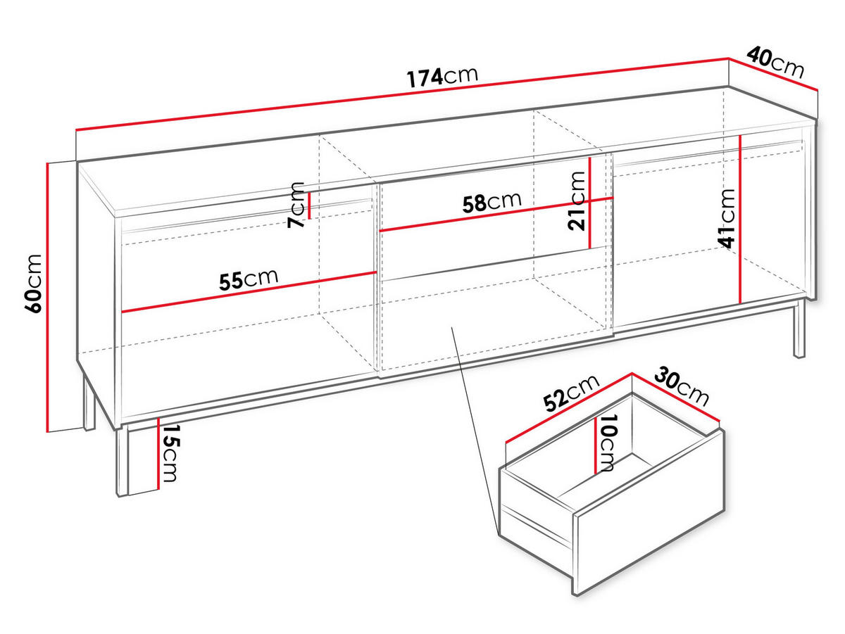 TV-ELEMENT Ozmi 2K2SZ - Schwarz, Holzwerkstoff/Metall (174/60/40cm) - MIRJAN24