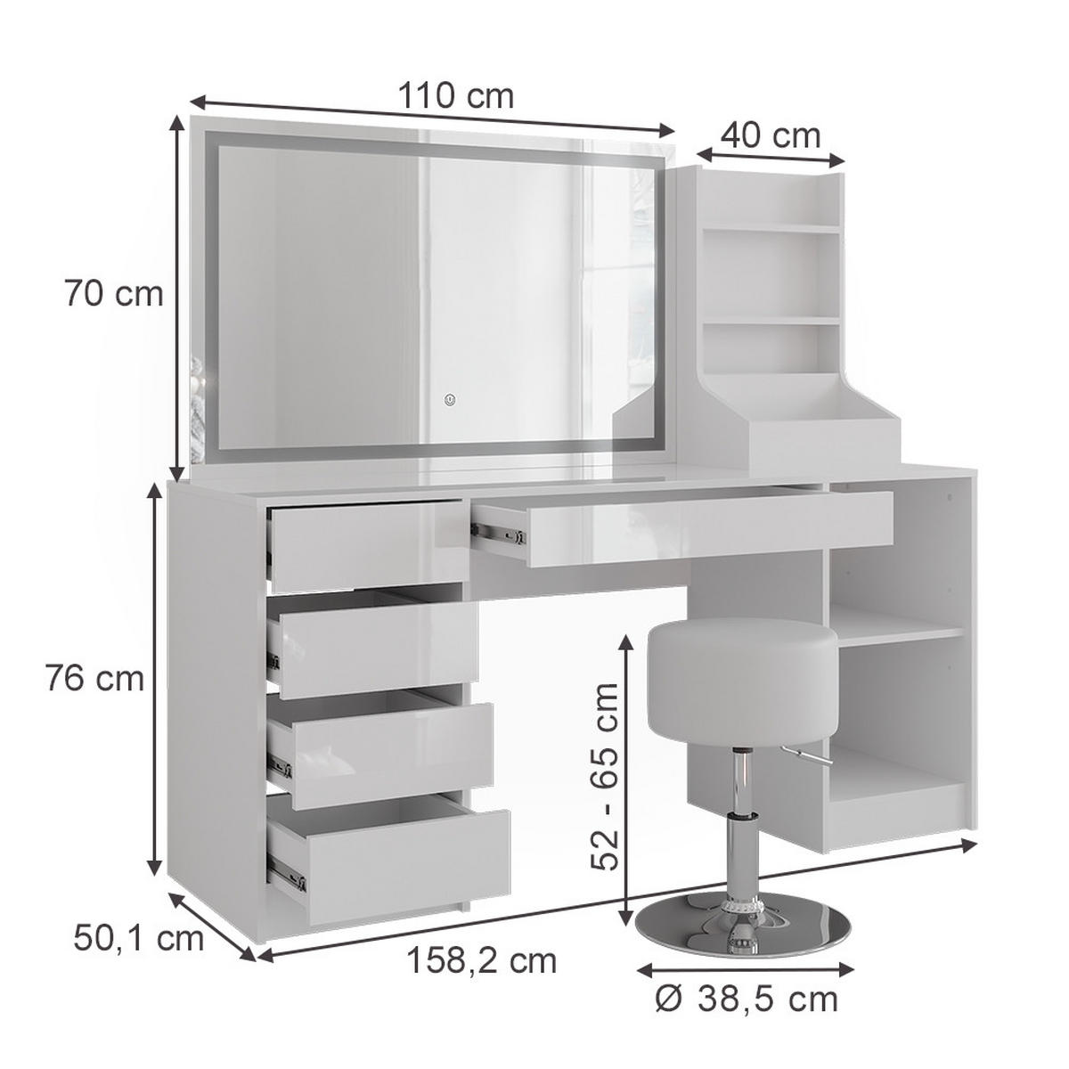 SCHMINKTISCH Sherry Weiß/Weiß Hochglanz 158.2 cm 4 Teile - Weiß Hochglanz, Holzwerkstoff (158.2/76/50.1cm) - Vicco