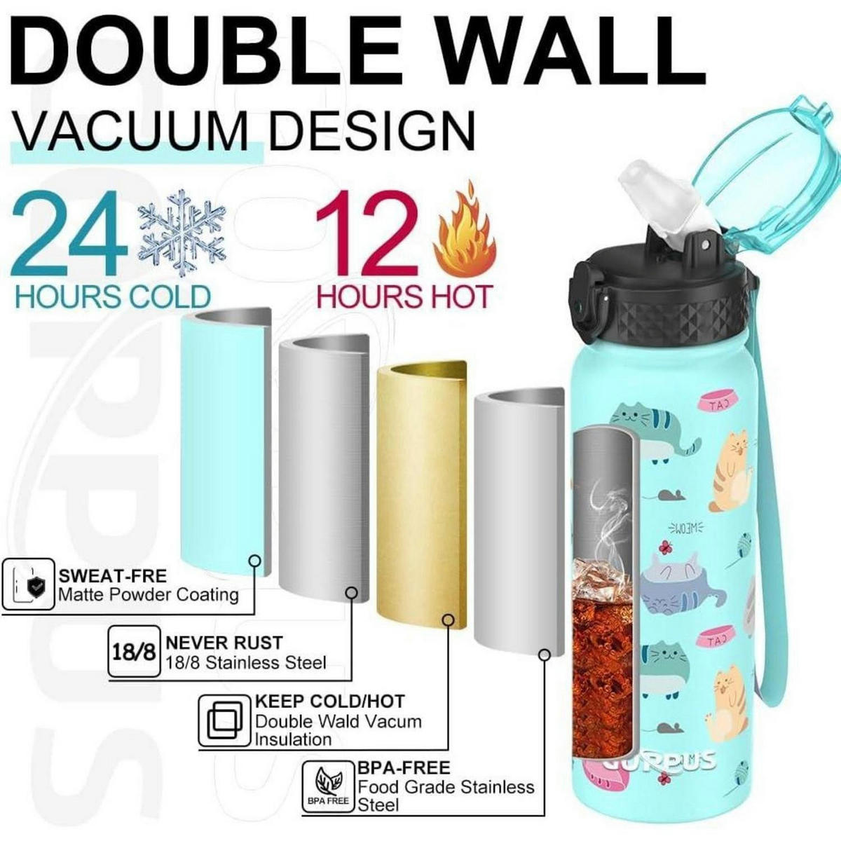 TRINKFLASCHE 600 ml Edelstahl mit Strohhalm Hellgrüne Katze - Multicolor, Metall (7/7cm)