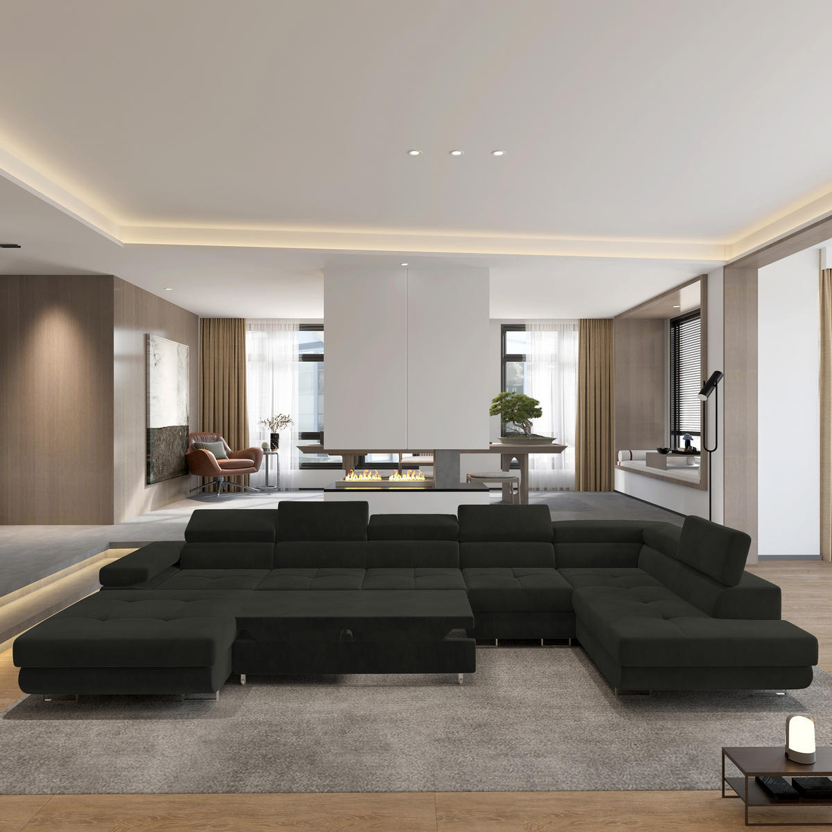 WOHNLANDSCHAFT VELORA R-S Schwarz Velours-Stoff mit Schlaffunktion - Schwarz, Holz (419/90/202cm) - MASSENO