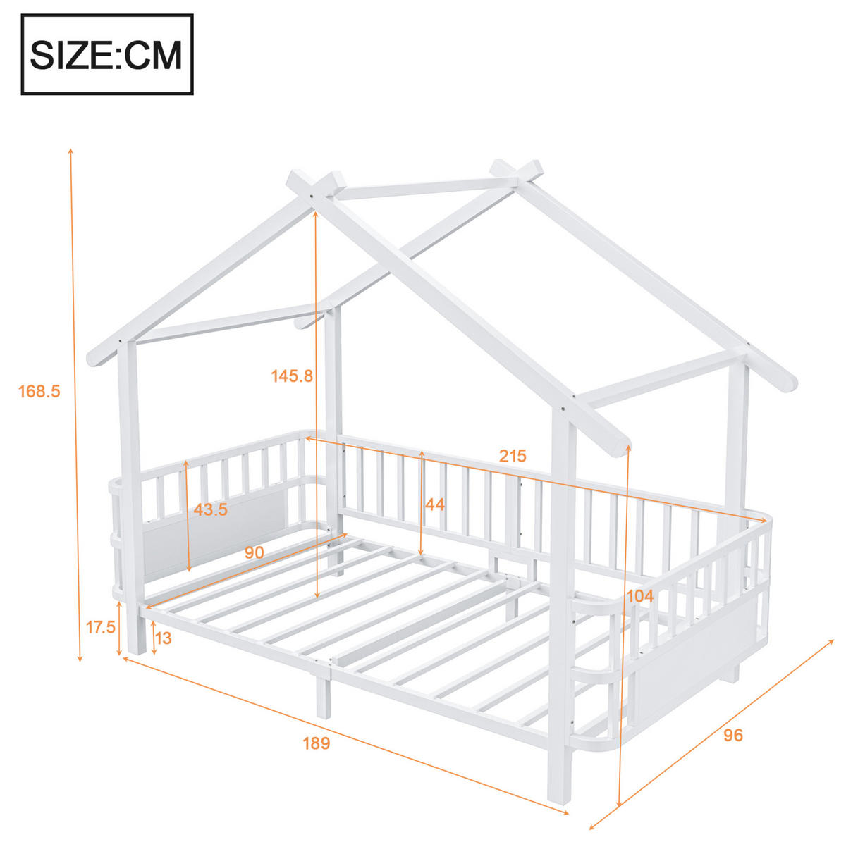 KINDERBETT mit Dachdesign und Sicherheitsgitter Metall Weiß 90 x 200 cm - Weiß, Metall (90/200cm) - MIVRAY