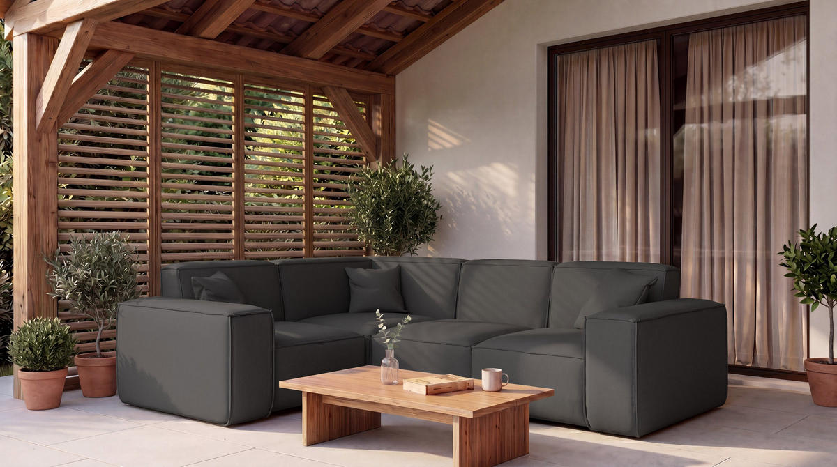 GARTENECKSOFA Lorento Outdoor in L-Form, Universell, Dunkelgrau Kunstleder 251/73/186 cm - Dunkelgrau, Textil (251/73/186cm) - WFL GROUP