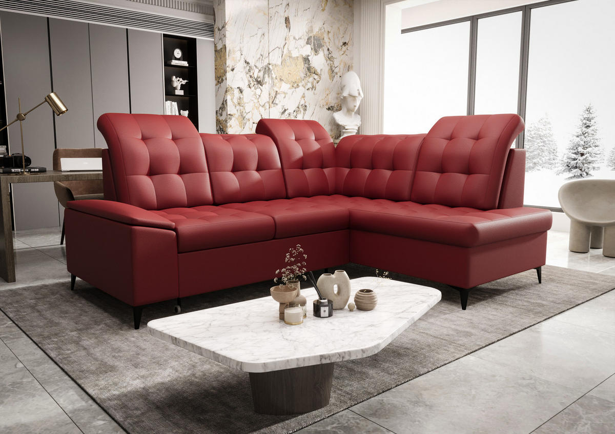 ECKSOFA KONGO RBN16, Eckcouch in L-Form mit Schlaffunktion, Farbe: Rot, Kunstleder, Ottomane Rechts - Rot, Textil (268/210cm) - O-Sofa