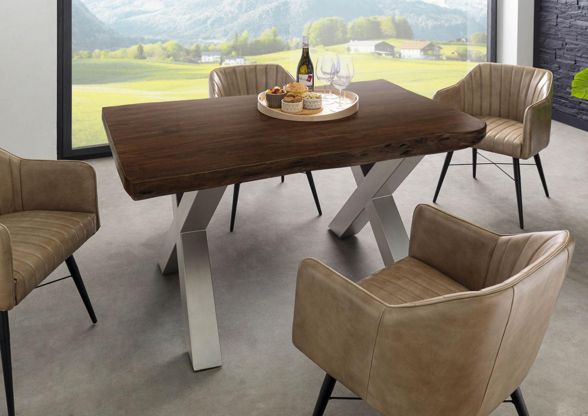 BAUMTISCH Akazie 140x90x77 braun lackiert / X-Beine silber matt FREEFORM 5 - Silberfarben/Braun, Holz (140/90/77cm) - Massivmoebel24