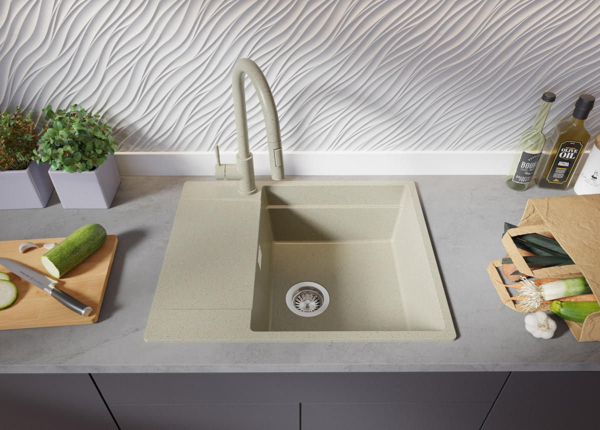 GRANITSPÜLE San Francisco, 2-er set Beige 62/50 cm 1 Becken + Küchenarmatur 38/14 cm + Ablauf-Set + Aufrollbare Abtropffläche ab 50er Unterschrank - Chromfarben/Beige, Kunststoff (62/20/50cm) - Primagran