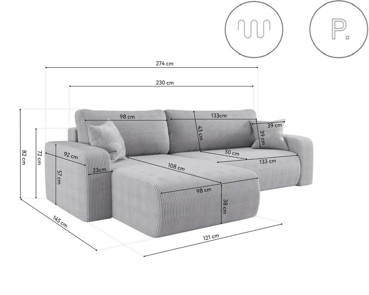 SCHLAFSOFA MILANO XL und bettkasten stoff Poso Dicker Cord Grau Links - Grau, Holz (274/82/145cm) - Kaiser Möbel