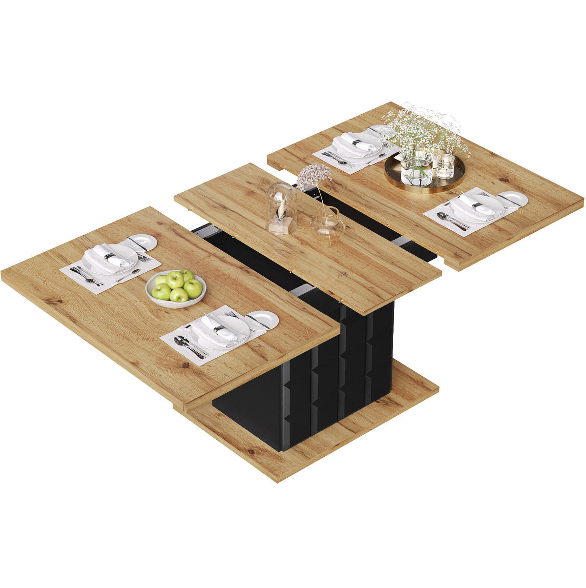 AUSZIEHBARER Esstisch, MDF mit Stauraum & Regalen, 110-140/80/75 cm, Schwarz/Natur - Schwarz, Holzwerkstoff (110/80/75cm) - Redom