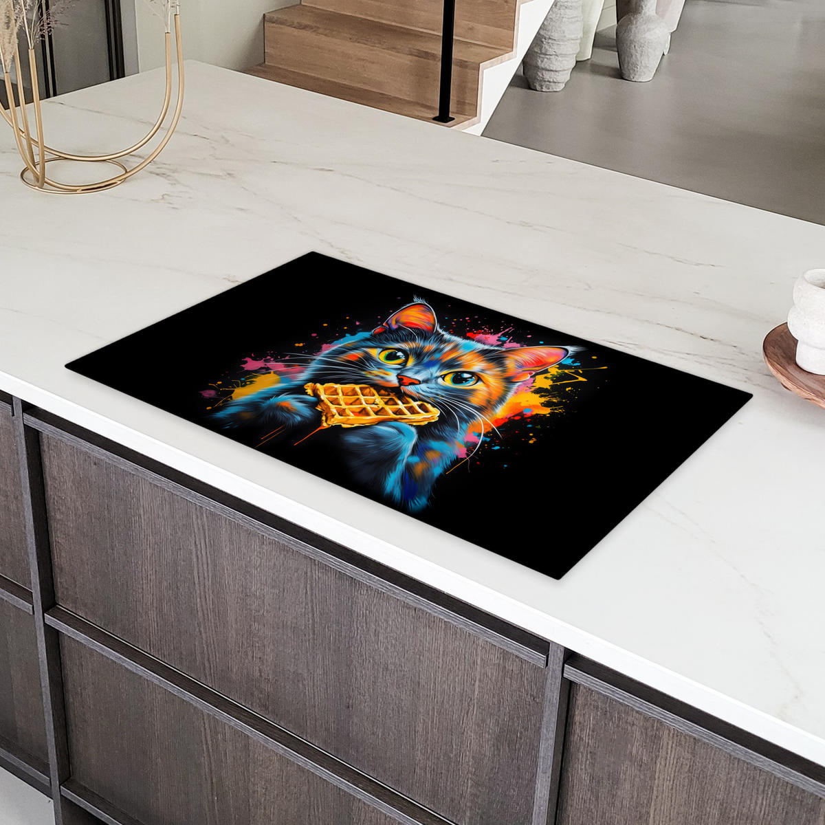 HERDABDECKPLATTE Katze - Graffiti - Bunt - Waffel - Essen Ceranfeldabdeckung 90x52 cm - Multicolor, Kunststoff (90/52/0.2cm) - MuchoWow