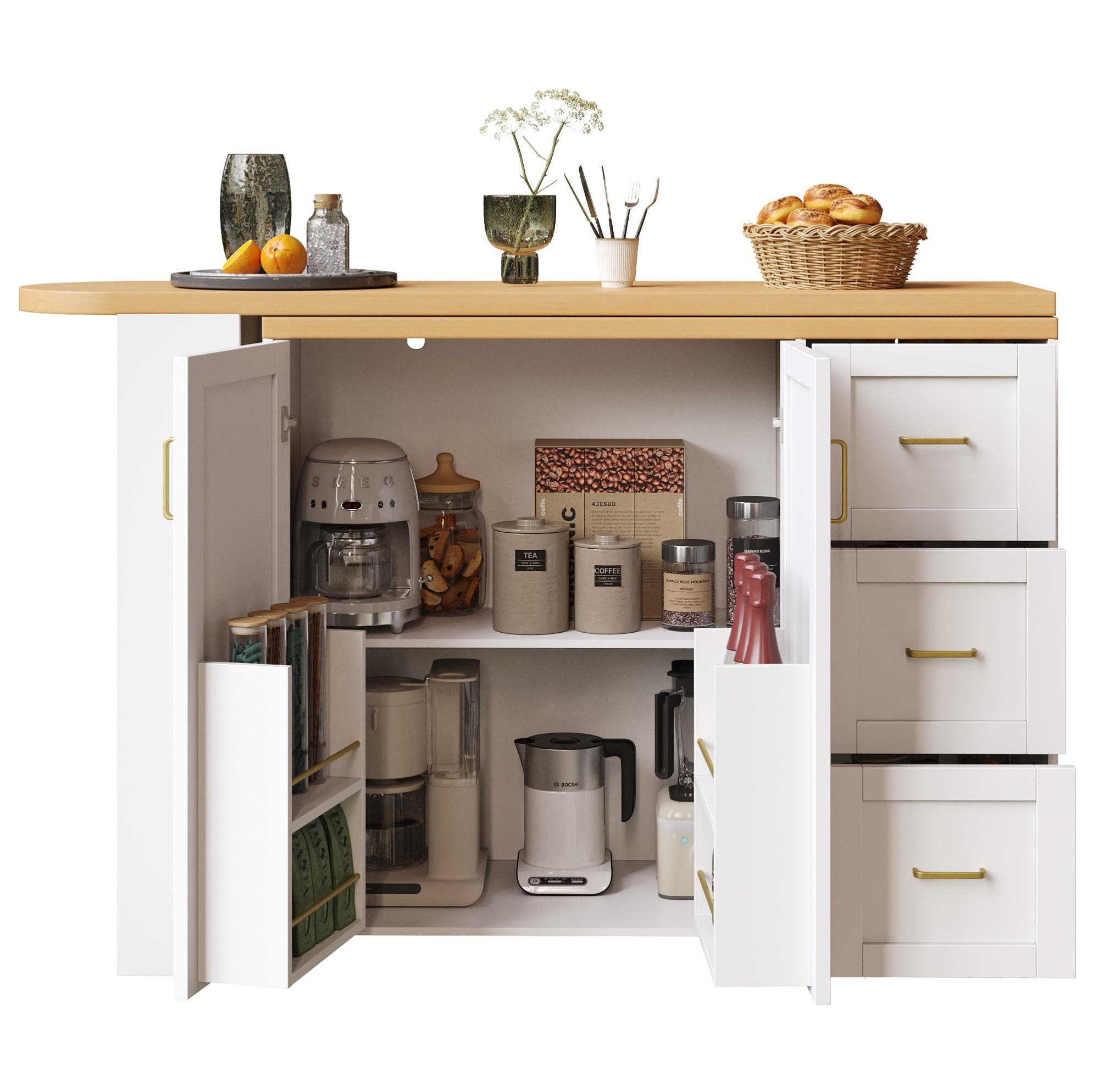 KÜCHENINSEL aus MDF 135-228x39x104 cm Weiß mit 2 Türen, 3 Schubladen, Rollen und ausziehbarer Arbeitsplatte - Weiß, Holzwerkstoff (39/104/135cm) - Modfu