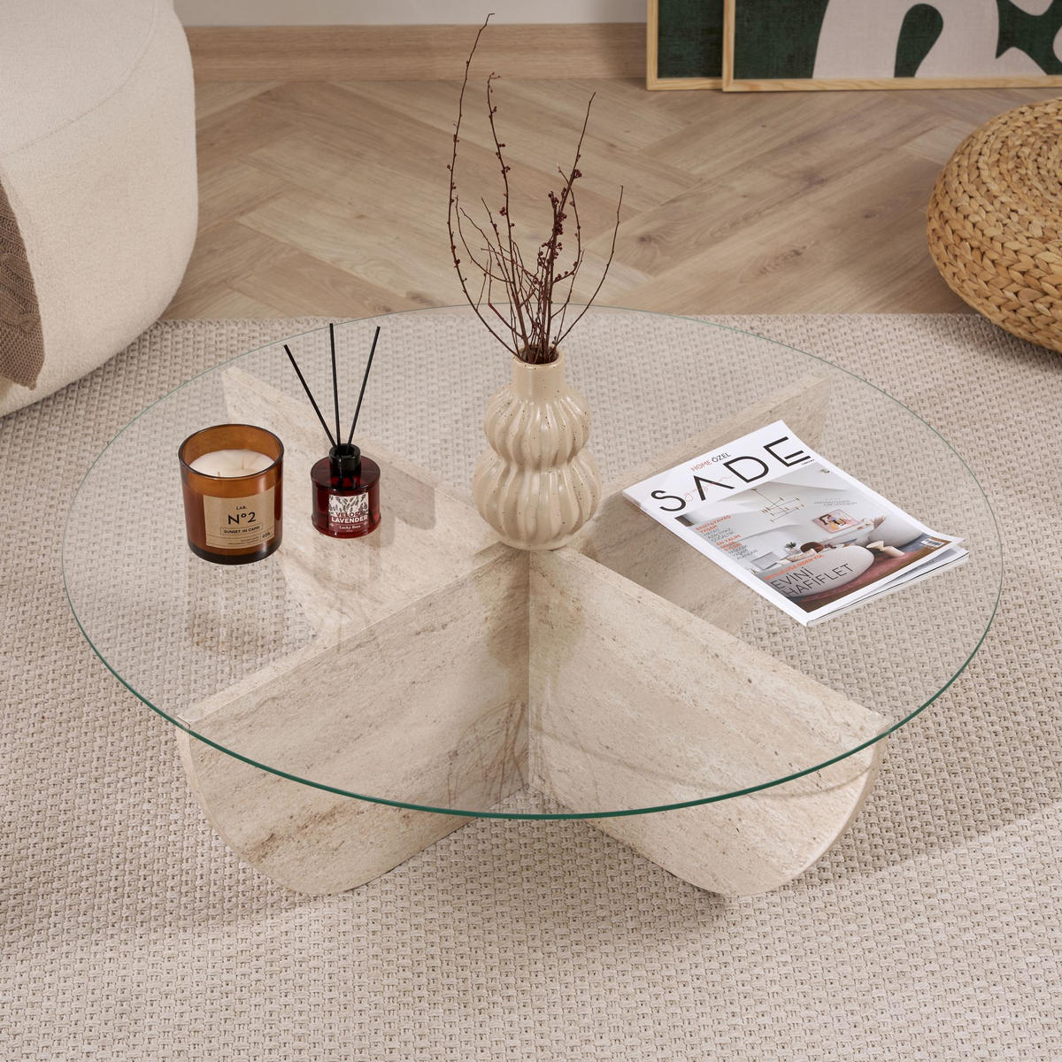 COUCHTISCH Liya Travertin - Beige, Glas (90/90/30cm) - Habitat Garten