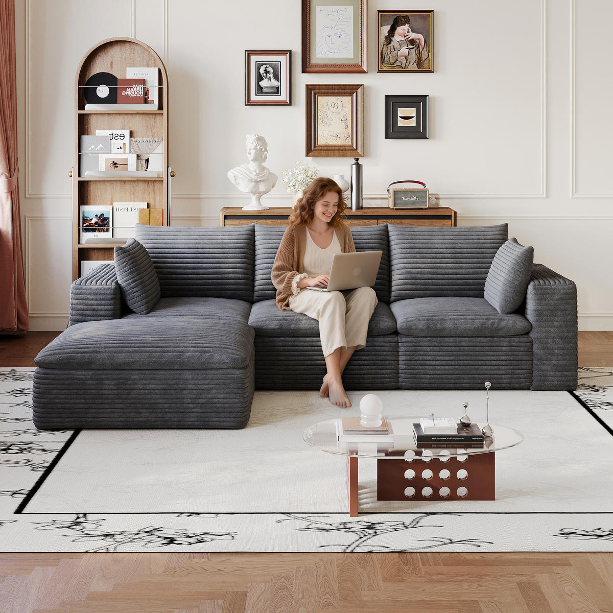 ECKSOFA DE-34773 3-Sitzer mit ottomane Dunkelgrau - Dunkelgrau, Textil (160/260cm) - ComfortXL